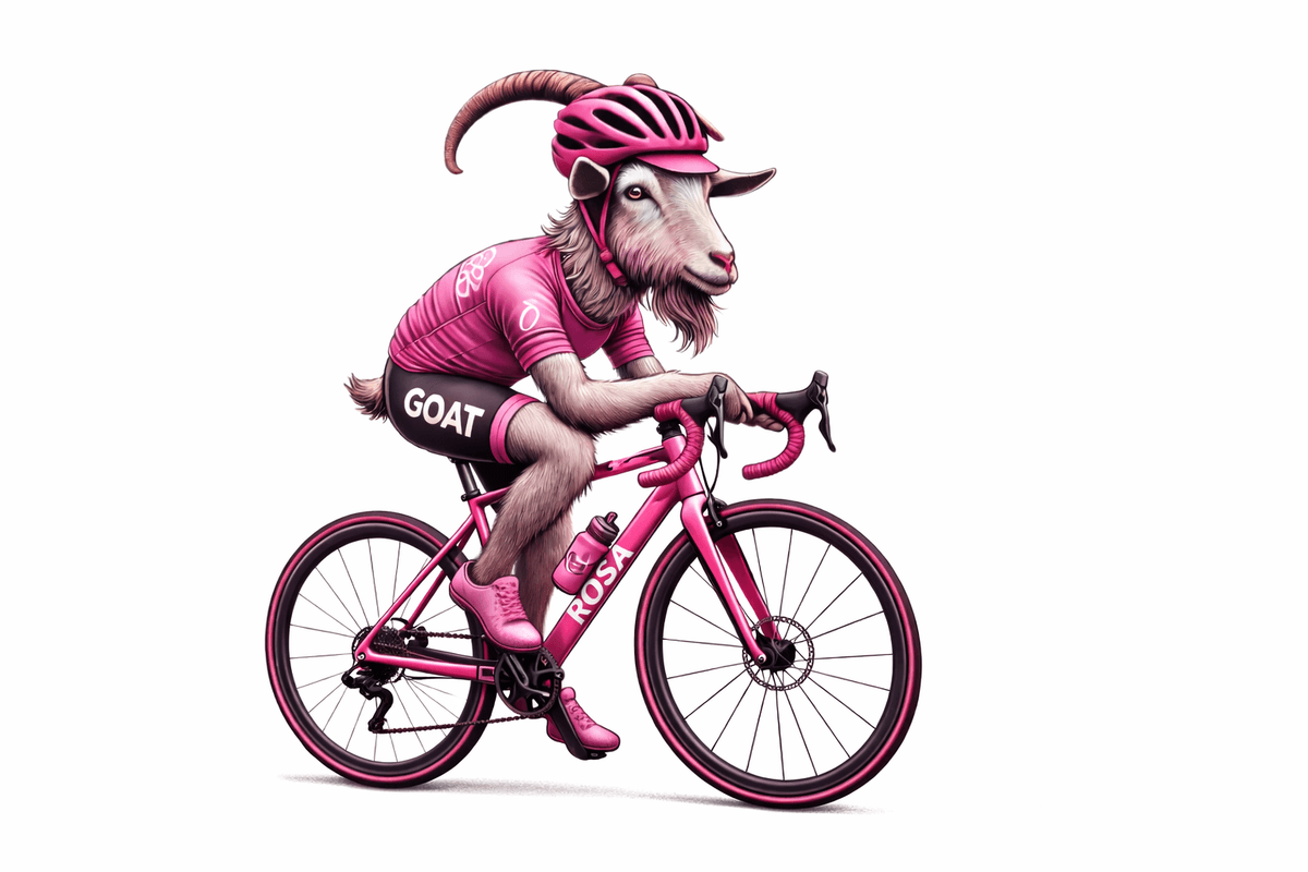 Maskottchen Rosa: eine Ziege im rosa Trikot auf einem rosa Rennrad